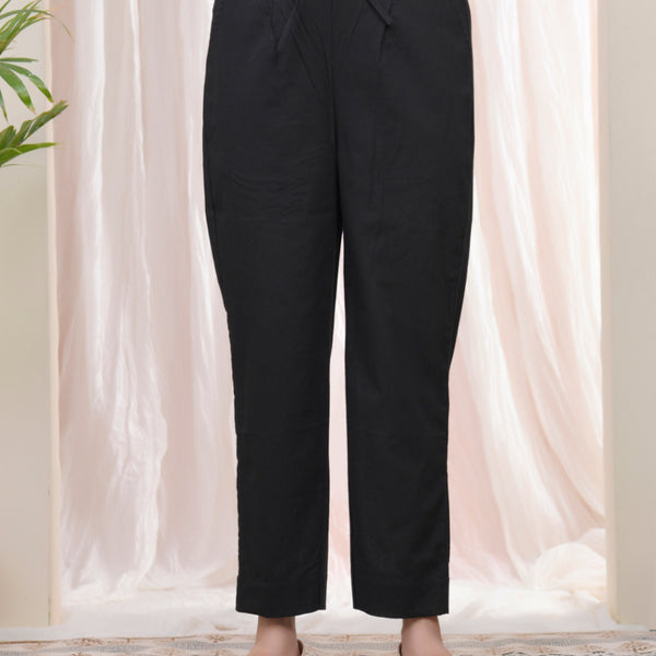 Vaasva Women Black Cotton Flax Solid Straight Pants