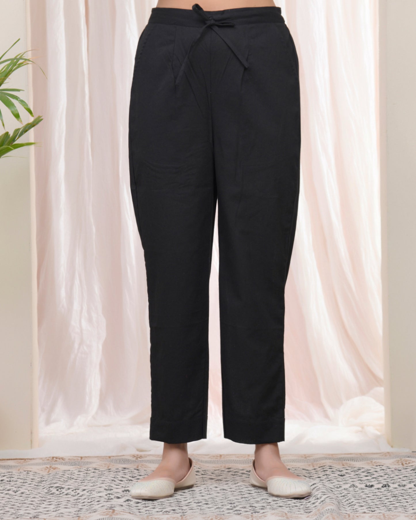 Vaasva Women Black Cotton Flax Solid Straight Pants - Distacart