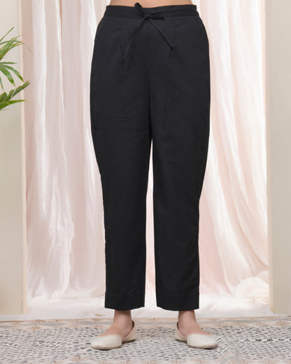 Vaasva Women Black Cotton Flax Solid Straight Pants - Distacart