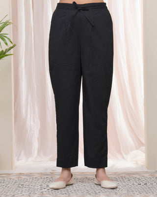 Vaasva Women Black Cotton Flax Solid Straight Pants
