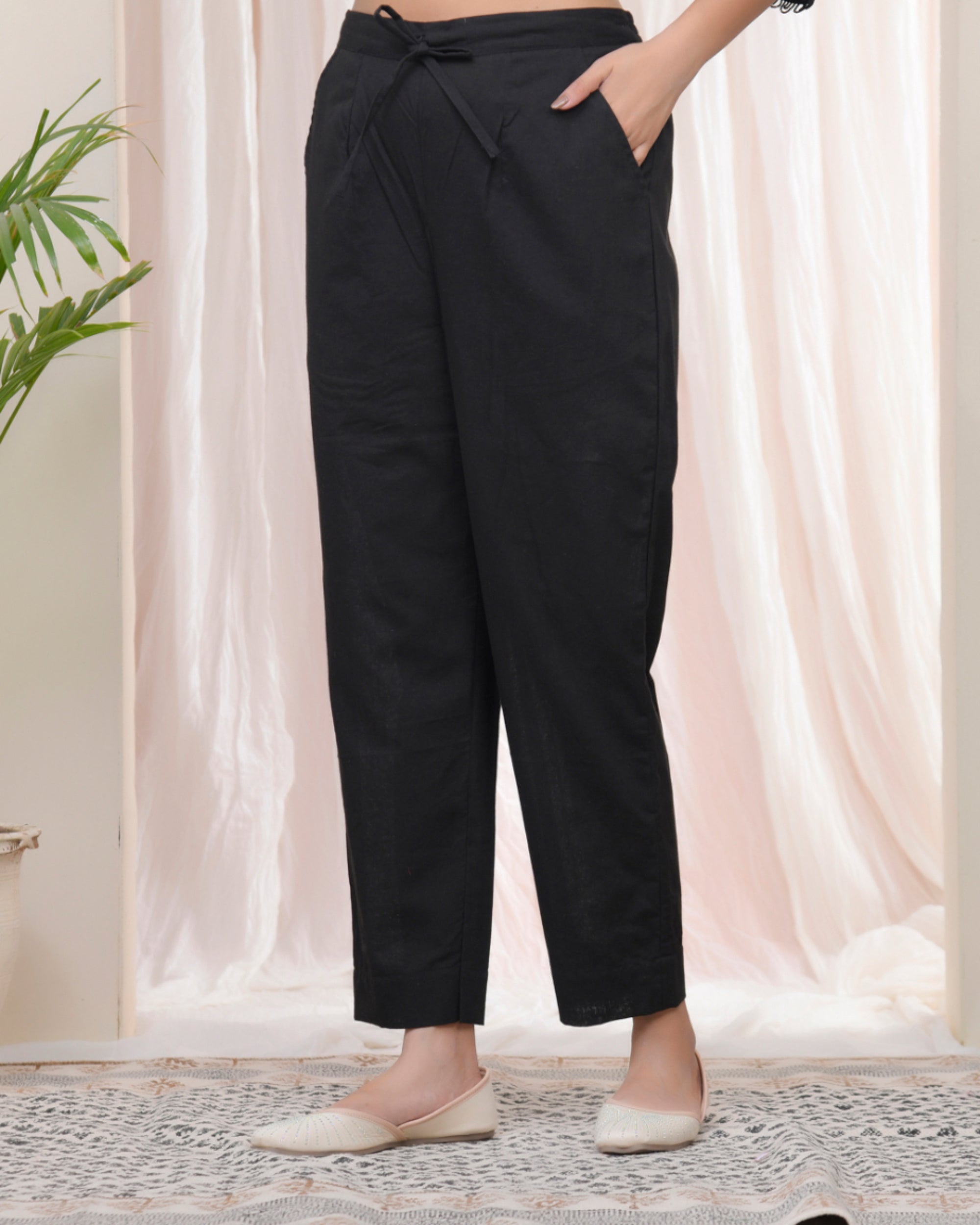 Vaasva Women Black Cotton Flax Solid Straight Pants