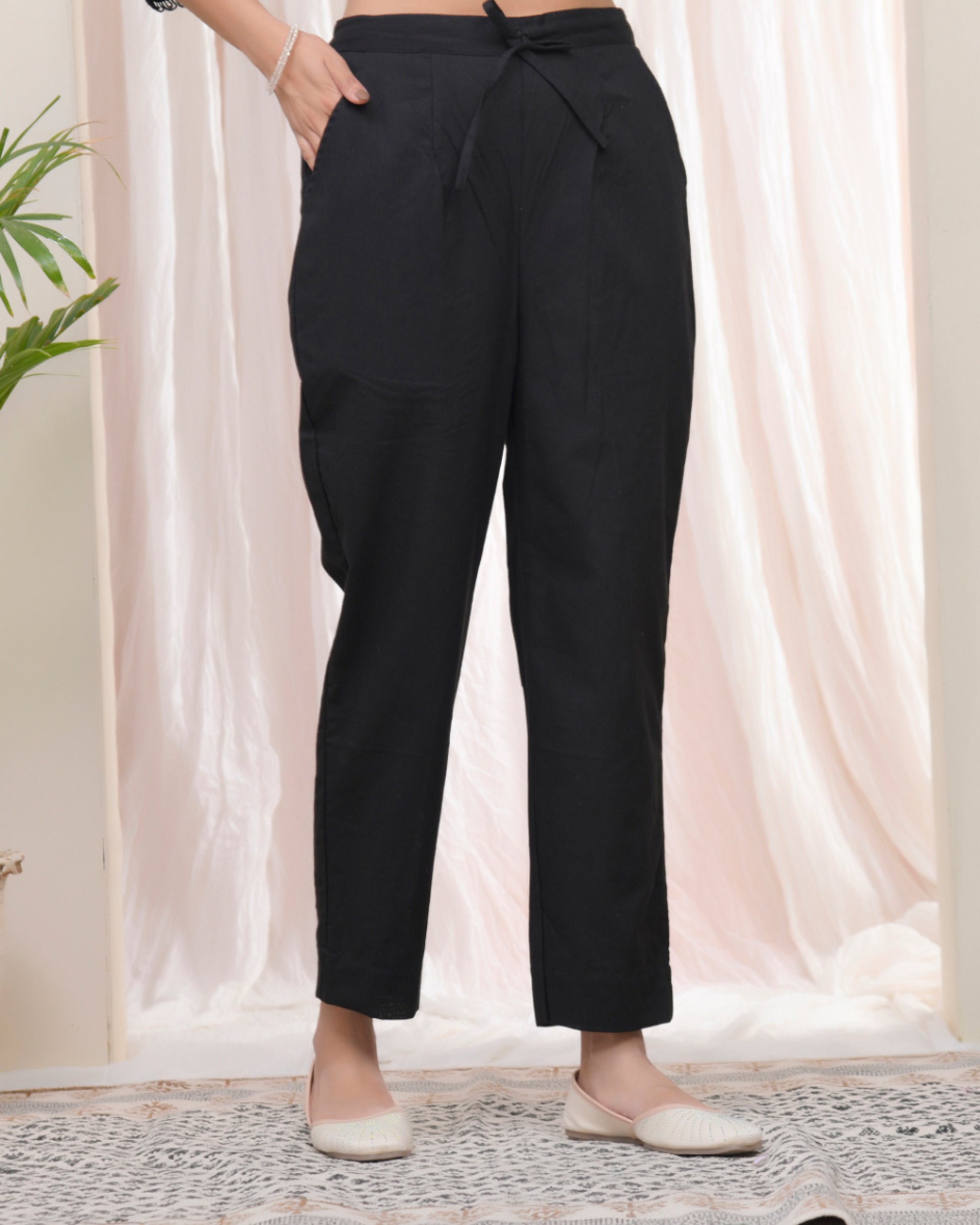 Vaasva Women Black Cotton Flax Solid Straight Pants