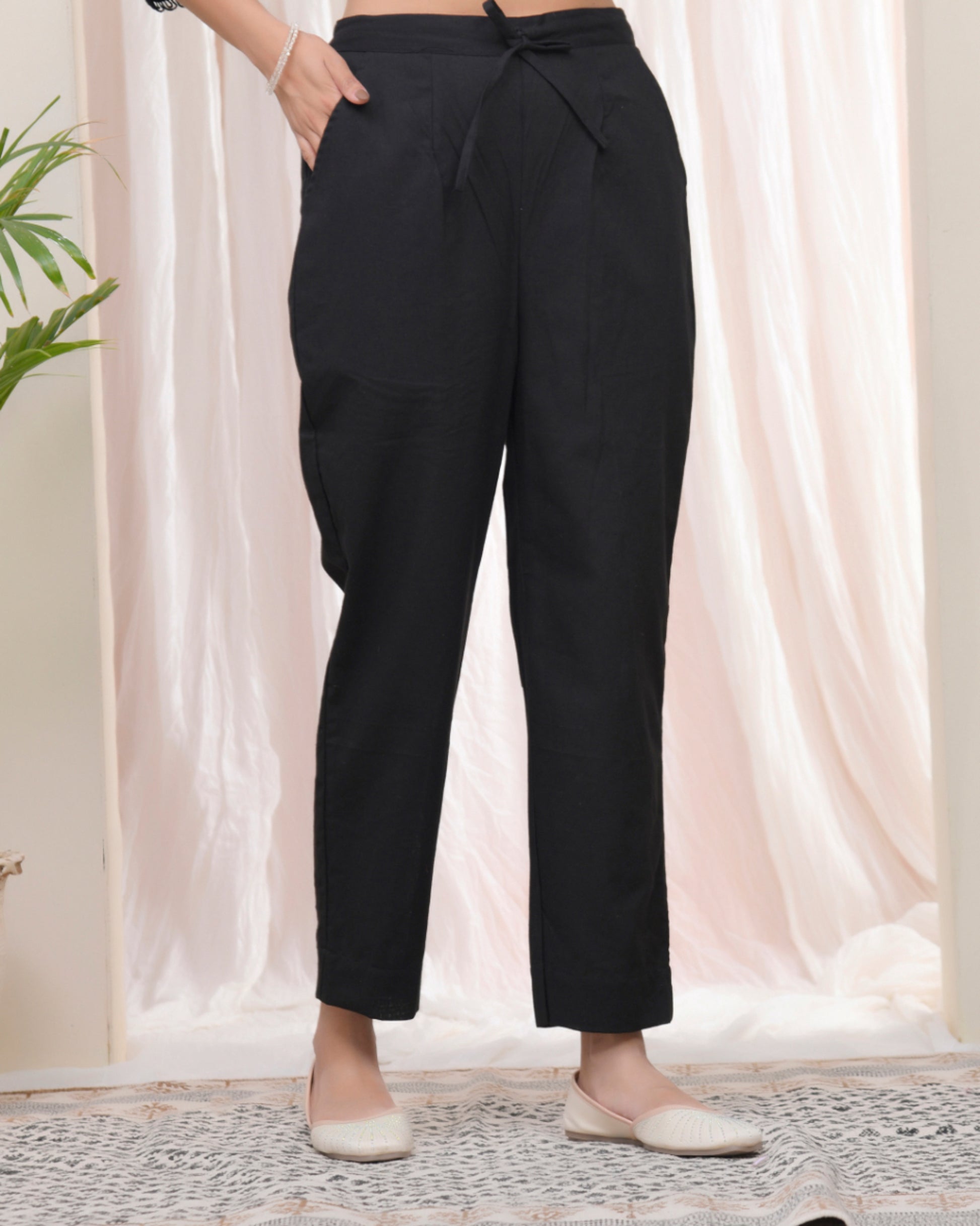 Vaasva Women Black Cotton Flax Solid Straight Pants - Distacart