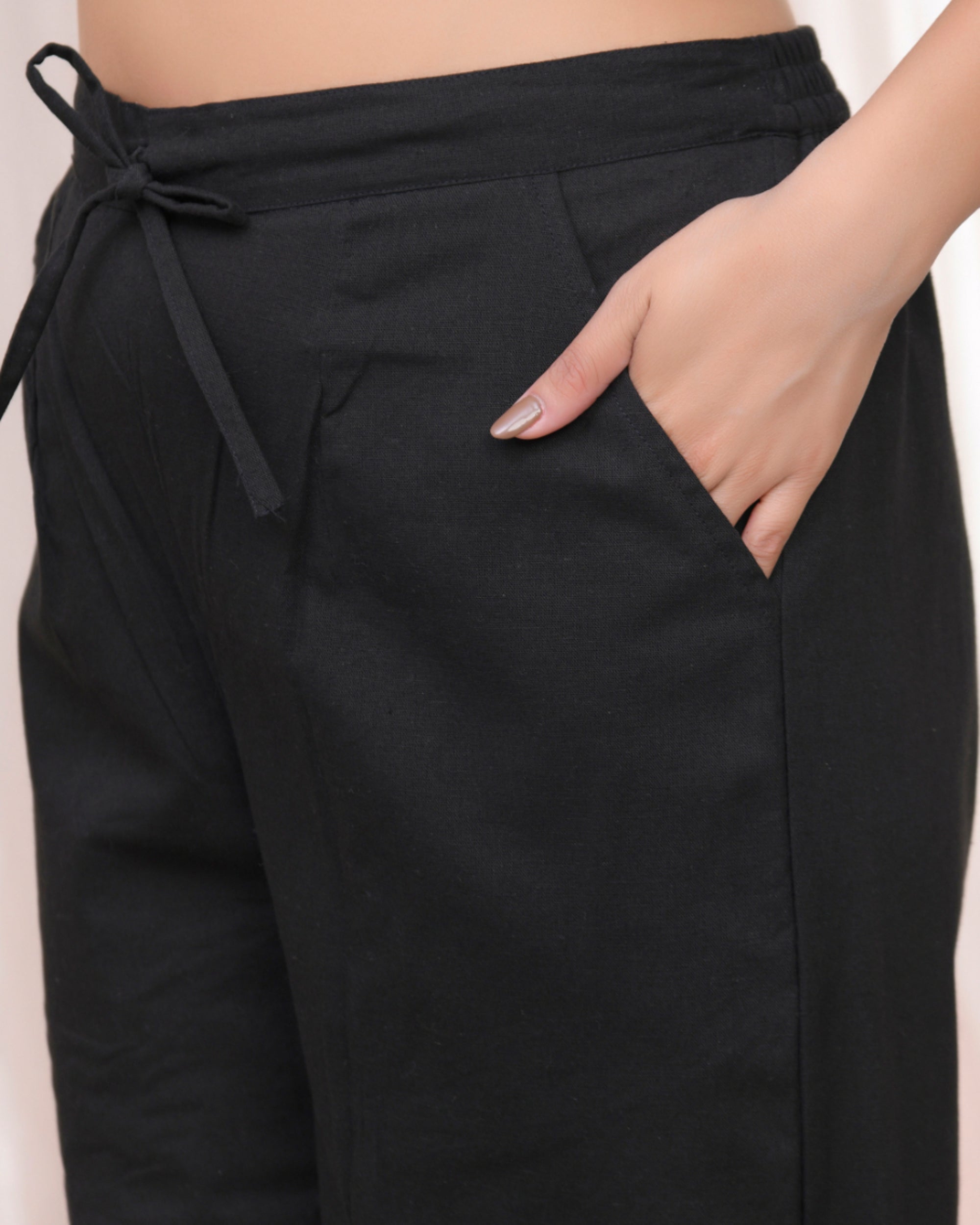 Vaasva Women Black Cotton Flax Solid Straight Pants