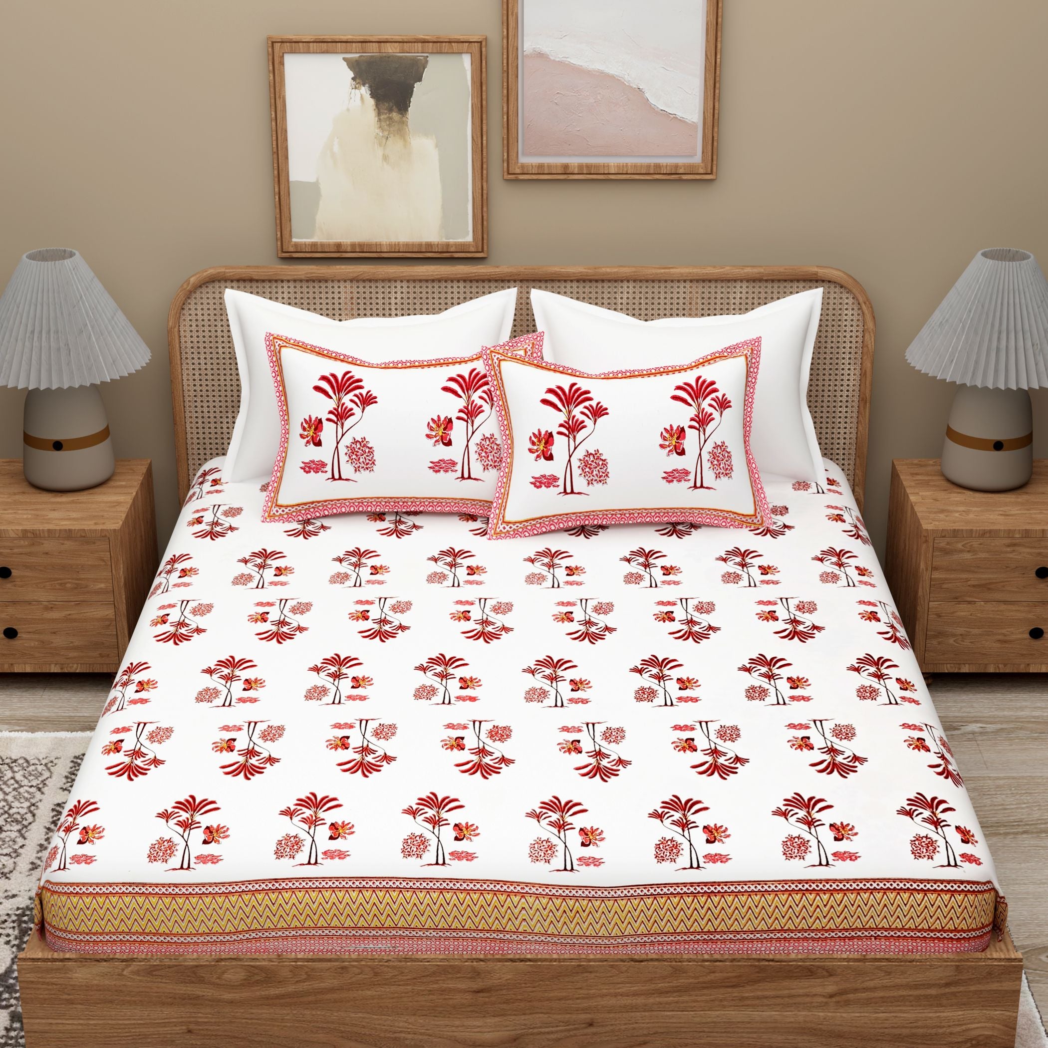 White Blue Ethnic Motifs Cotton Bedsheet With 2 Zipper Pillow Covers - Super King Size by House of Ree - Distacart