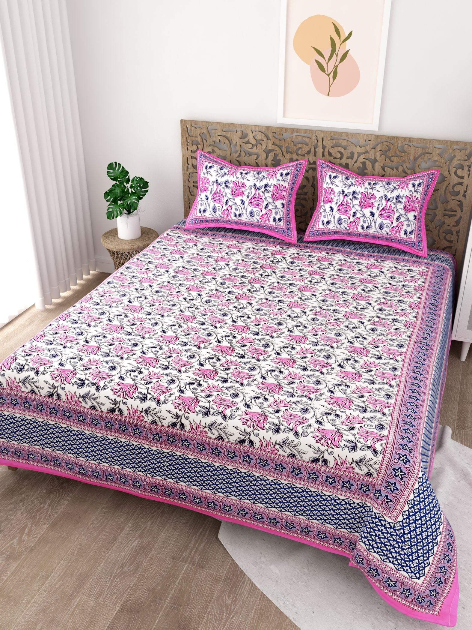 Pink Floral Printed Cotton 200TC King Bedsheet With 2 Zipper Pillow Covers - King Size by House of Ree - Distacart