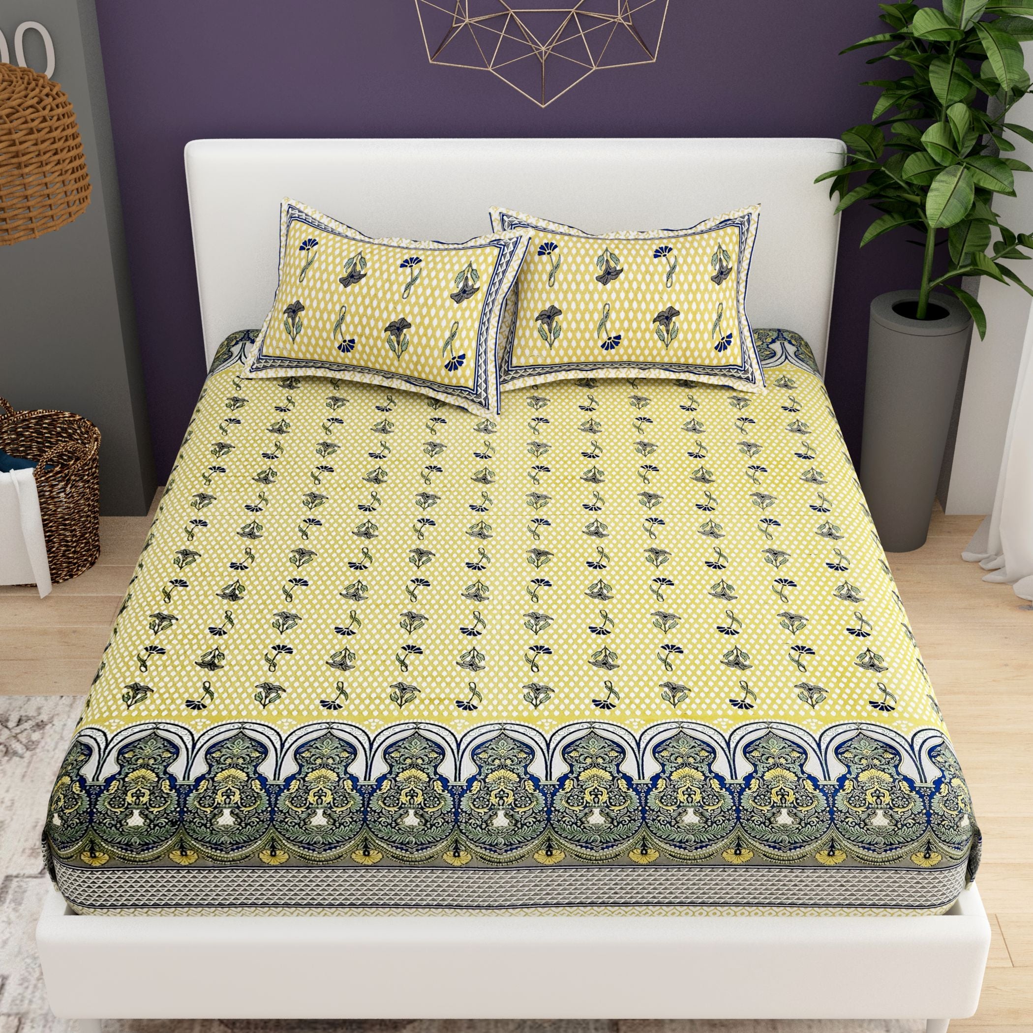 Lime Green Ethnic Motifs Cotton 200TC King Bedsheet With 2 Zipper Pillow Covers - King Size by House of Ree - Distacart