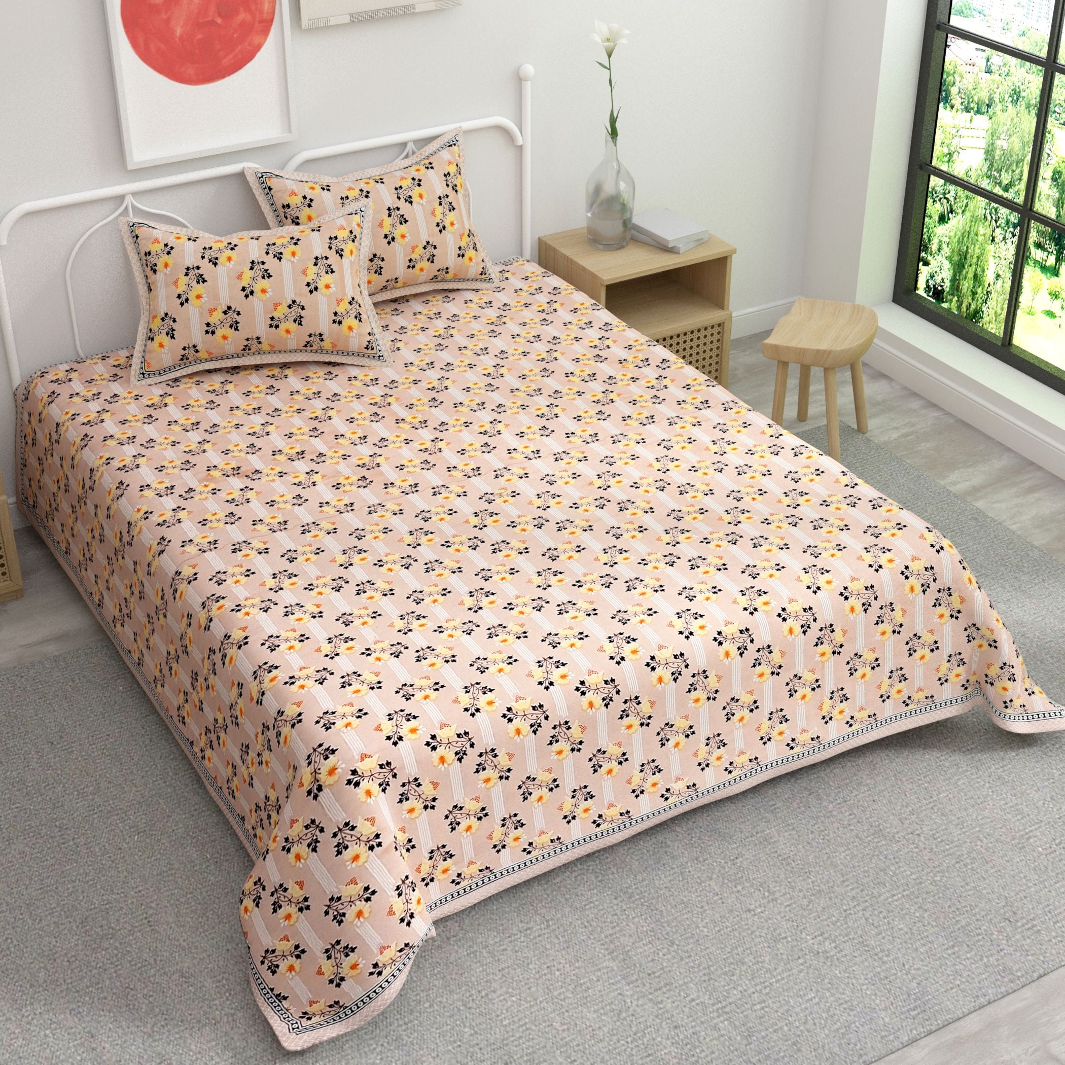 Brown Ethnic Motifs Cotton King Bedsheet With 2 Zipper Pillow Covers - King Size by House of Ree - Distacart