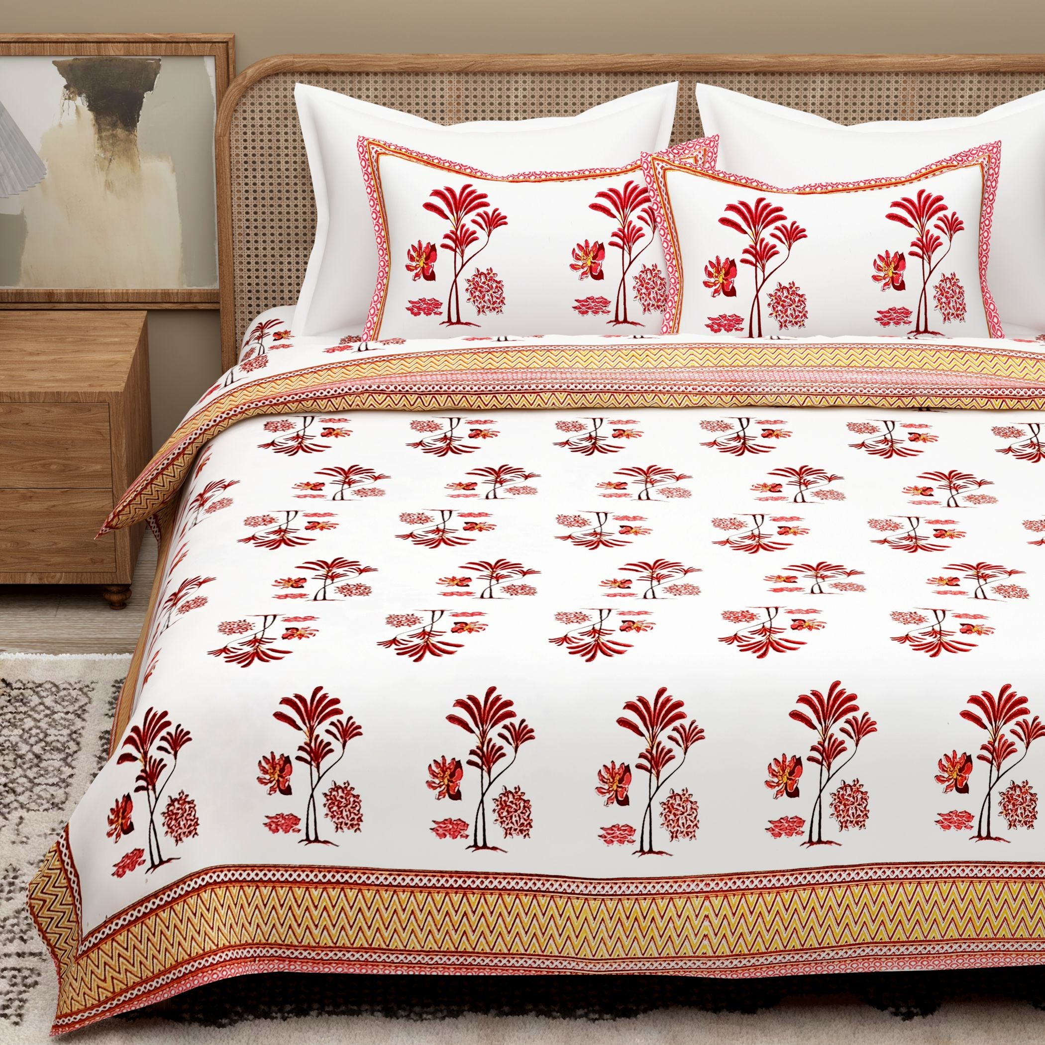 White Blue Ethnic Motifs Cotton Bedsheet With 2 Zipper Pillow Covers - Super King Size by House of Ree - Distacart