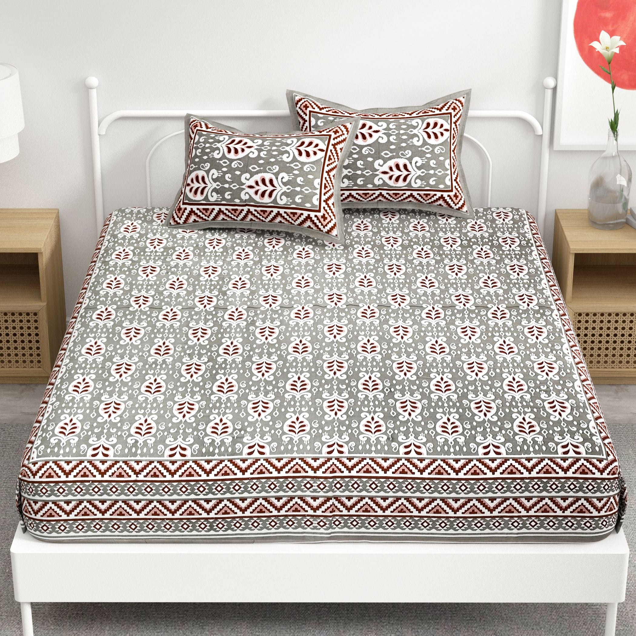 Grey Leaf Design Cotton 300TC Super King Bedsheet With 2 Zipper Pillow Covers - King Size by House of Ree - Distacart