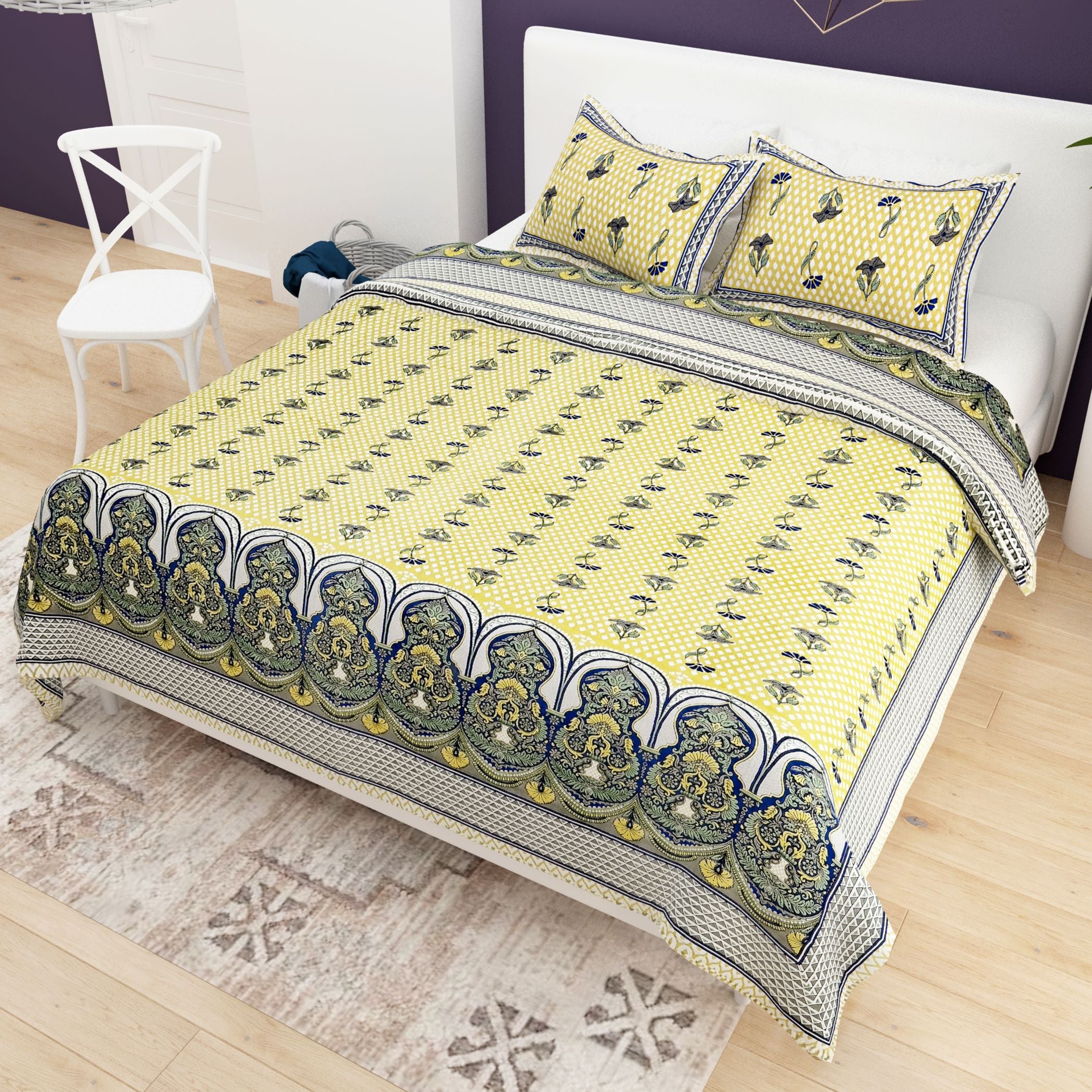 Lime Green Ethnic Motifs Cotton 200TC King Bedsheet With 2 Zipper Pillow Covers - King Size by House of Ree - Distacart