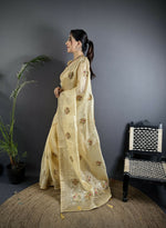 Thumbnail for Joban Fashion Light Yellow Handloom Banarasi Organza Silk Khatali Butta Work Saree - Distacart