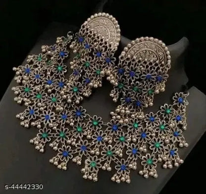 Tehzeeb Creations Women's Silver Colour Oxidised Necklace And Earring With Multi Beads - Distacart