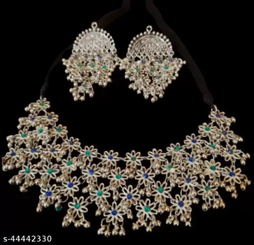Tehzeeb Creations Women's Silver Colour Oxidised Necklace And Earring With Multi Beads - Distacart