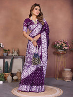 Thumbnail for Anaita Dark Purple Handmade Bandhej Viscose Silk Saree With Blouse - Distacart