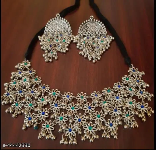 Tehzeeb Creations Women's Silver Colour Oxidised Necklace And Earring With Multi Beads - Distacart