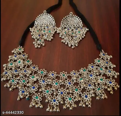 Tehzeeb Creations Women's Silver Colour Oxidised Necklace And Earring With Multi Beads - Distacart