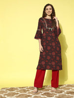 Thumbnail for All About You Navy Blue Floral Printed Bell Sleeves Gotta Patti Pure Cotton Kurta - Distacart