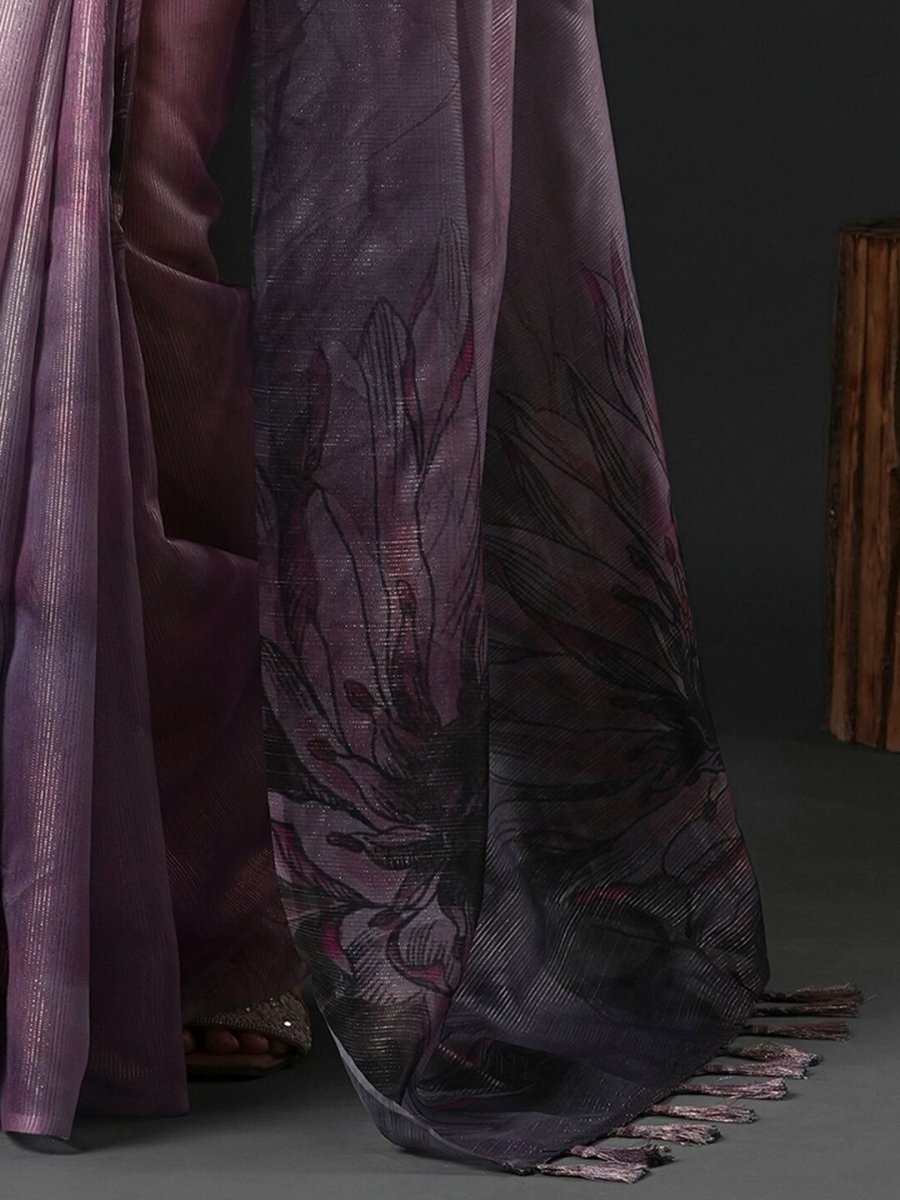Anouk Mauve & Green Floral Printed Organza Saree - Distacart