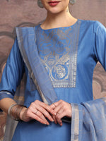 Thumbnail for Vishudh Blue Ethnic Motifs Yoke Design Straight Kurta With Trousers & Dupatta