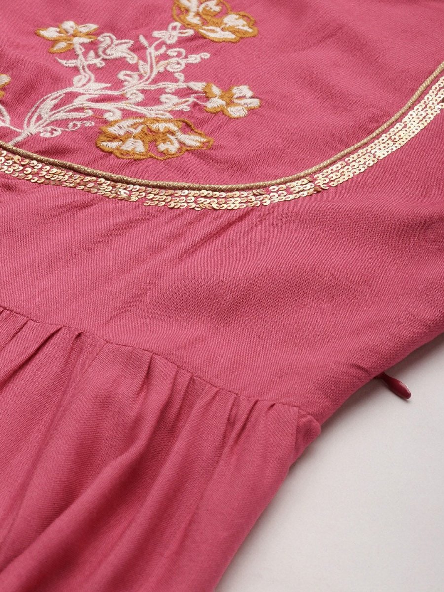 All About You Women Rust Pink Ethnic Motifs Yoke Design Thread Work Kurta with Dupatta - Distacart