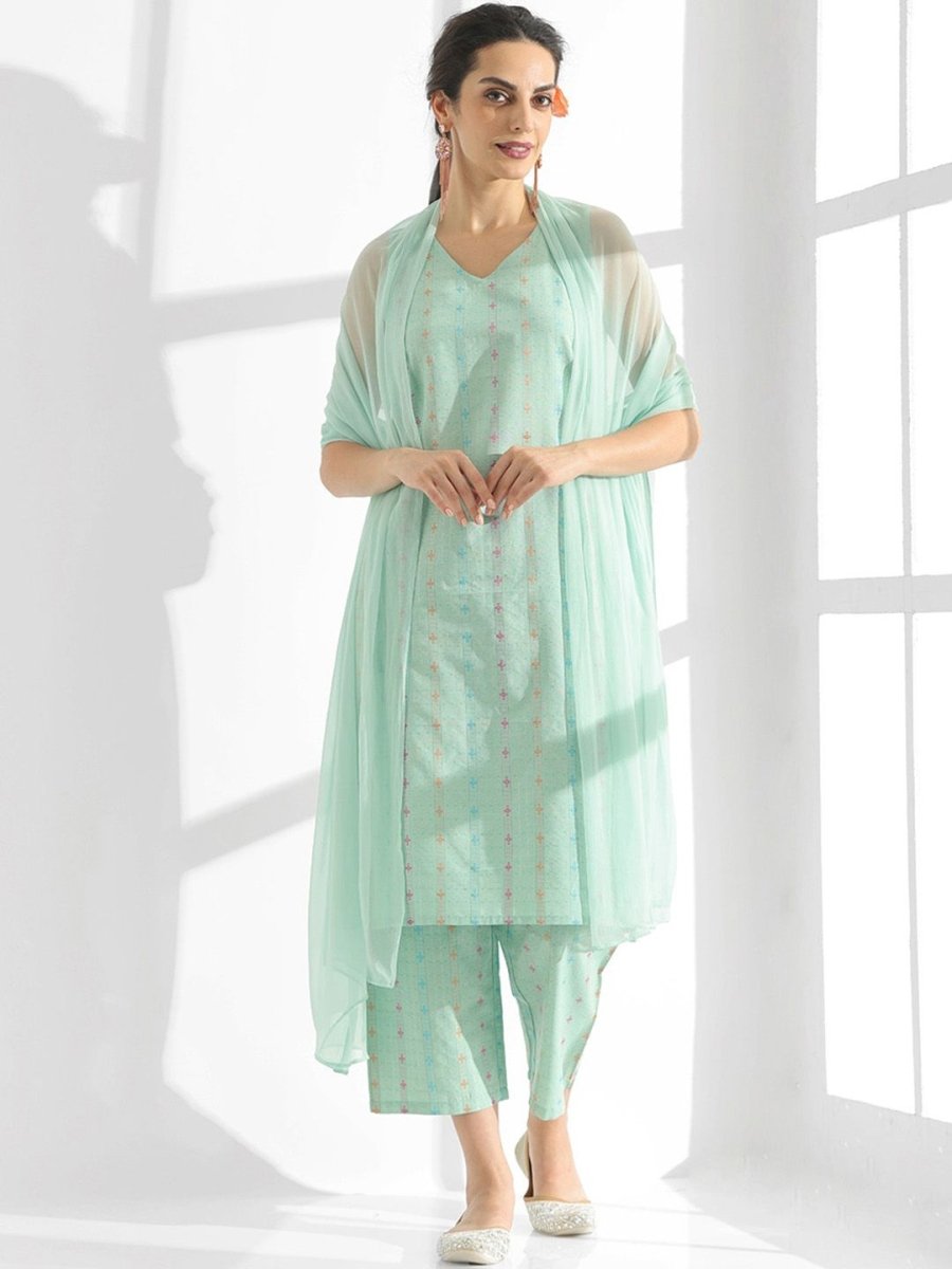 Anouk Turquoise Blue Striped Thread Work Pure Cotton Kurta with Palazzos & Dupatta - Distacart