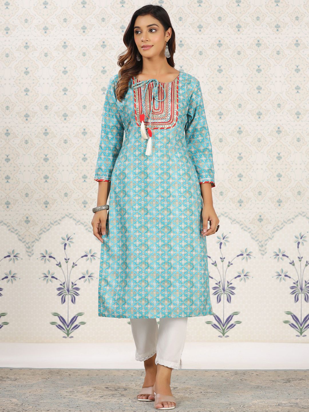 Ode by House of Pataudi Sea Green Ethnic Printed Tie-Up Neck Gotta Patti Straight Kurta - Distacart