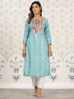 Thumbnail for Ode by House of Pataudi Sea Green Ethnic Printed Tie-Up Neck Gotta Patti Straight Kurta - Distacart