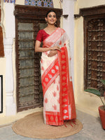 Thumbnail for Astita White & Red Linen Cotton Saree