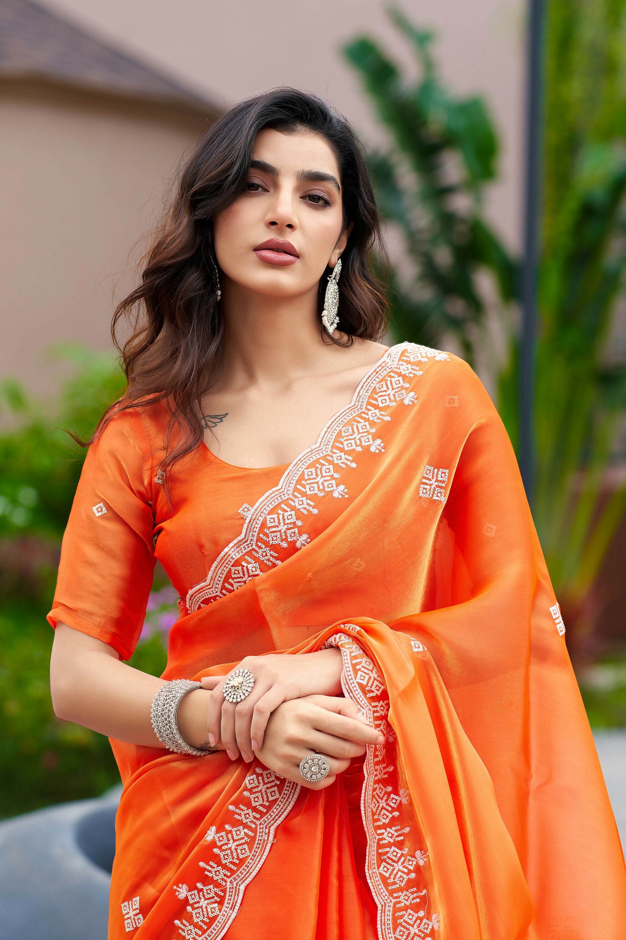 Vastranavya Orange Embroidery Work Shimmer Chiffon Saree with Unstitched Blouse