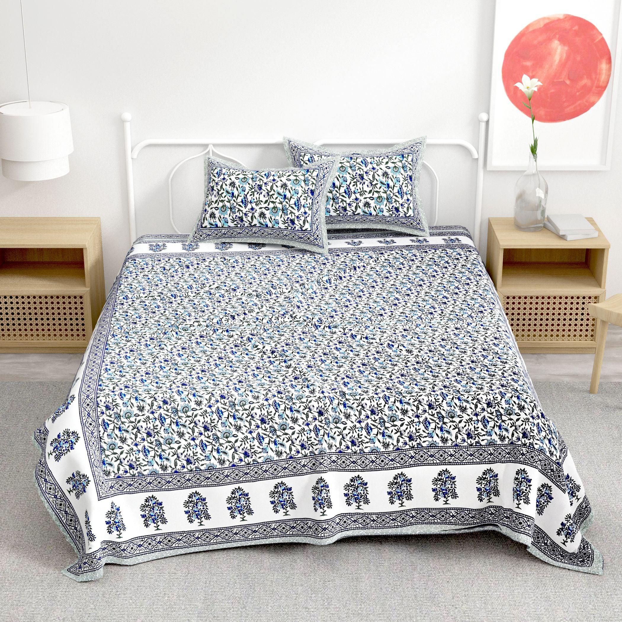Blue Floral Printed Cotton 300TC Super King Bedsheet With 2 Zipper Pillow Covers - King Size by House of Ree - Distacart