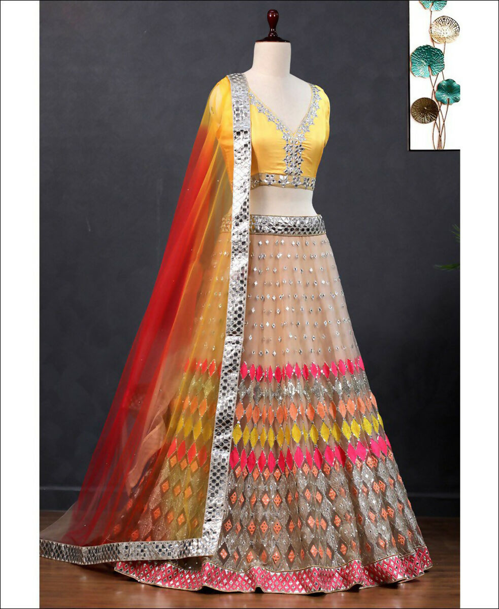 Jyoti Fashion Multicolor Mirror & Sequence Embroidery Butterfly Net Lehenga Choli with Dupatta - Distacart