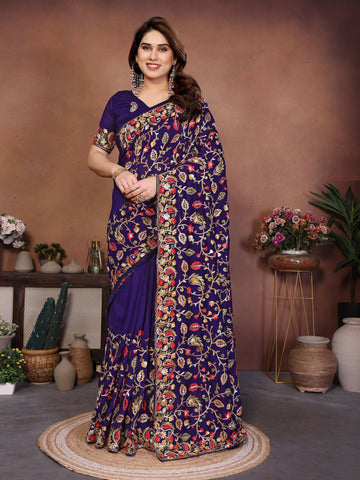 Teeya Creation New Latest Party Wear Lucknowi Soft Silk Saree-Purple - Dista