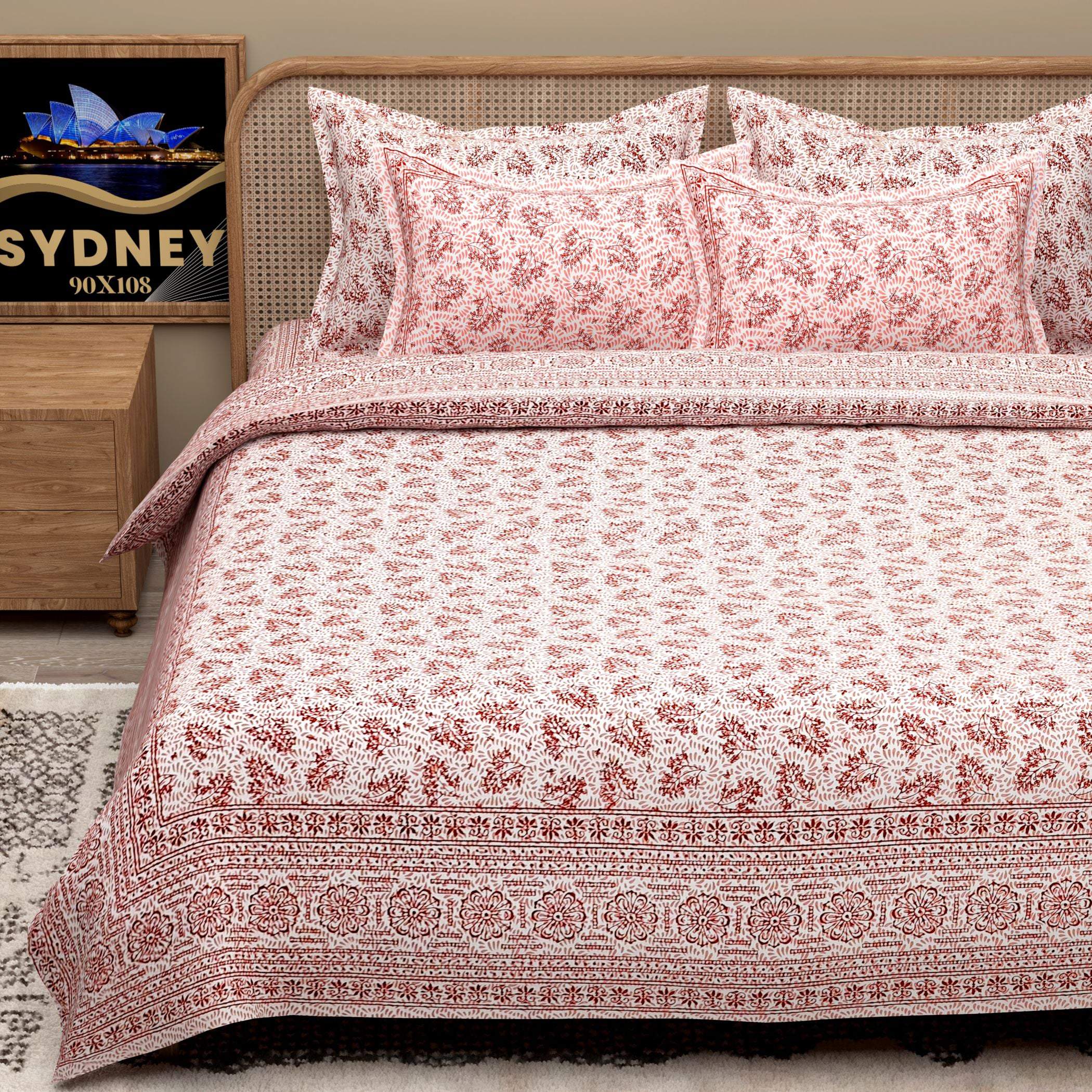 White Brown Ethnic Motifs Cotton 200TC King Bedsheet With 2 Zipper Pillow Covers - King Size by House of Ree - Distacart