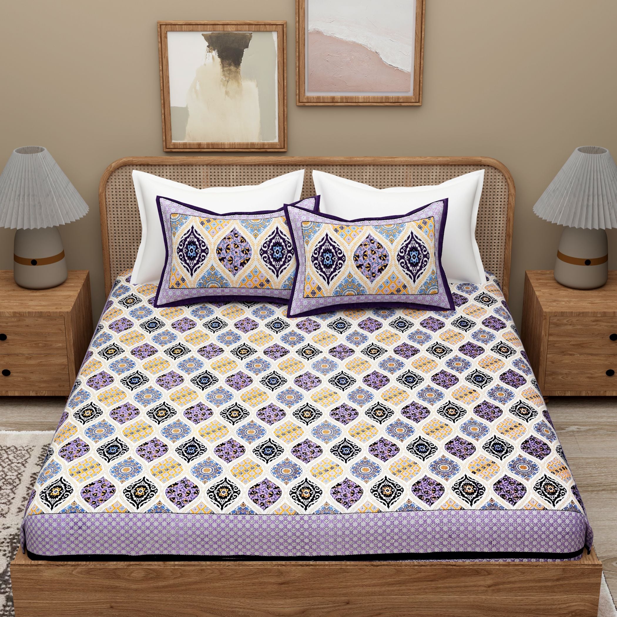 Purple White Ethnic Motifs Cotton 300 TC King Bedsheet With 2 Zipper Pillow Covers - Super King Size by House of Ree - Distacart