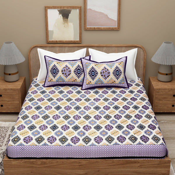 Purple White Ethnic Motifs Cotton 300 TC King Bedsheet With 2 Zipper Pillow Covers - Super King Size by House of Ree - Distacart