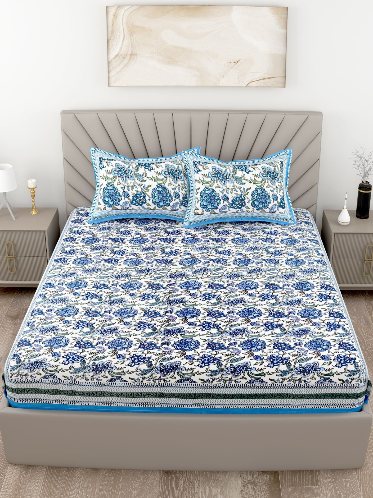 Blue White Floral Printed Cotton 200TC King Bedsheet With 2 Zipper Pillow Covers - King Size by House of Ree - Distacart