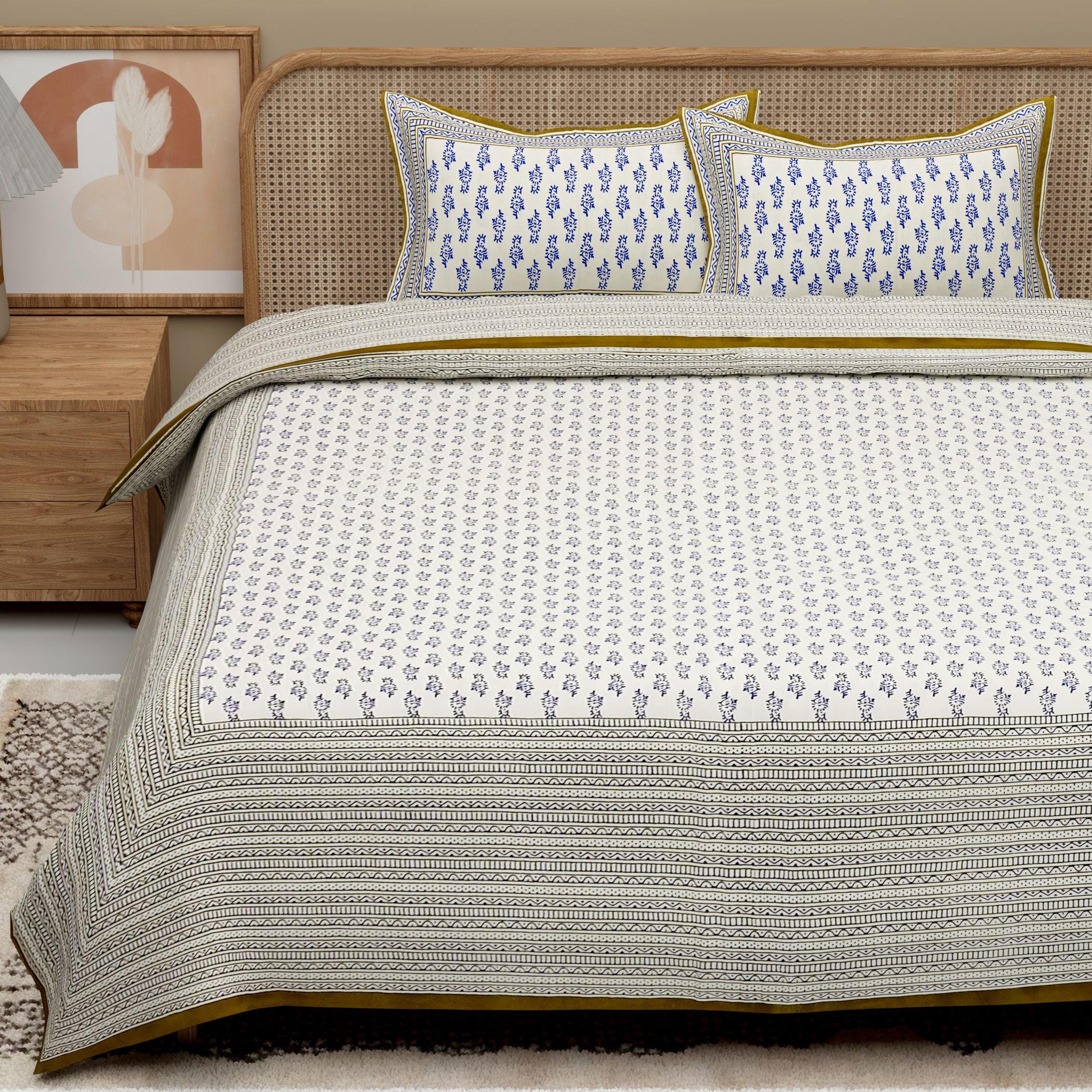 Blue Green Handblock Printed Cotton 200TC King Bedsheet With 2 Zipper Pillow Covers - King Size by House of Ree - Distacart