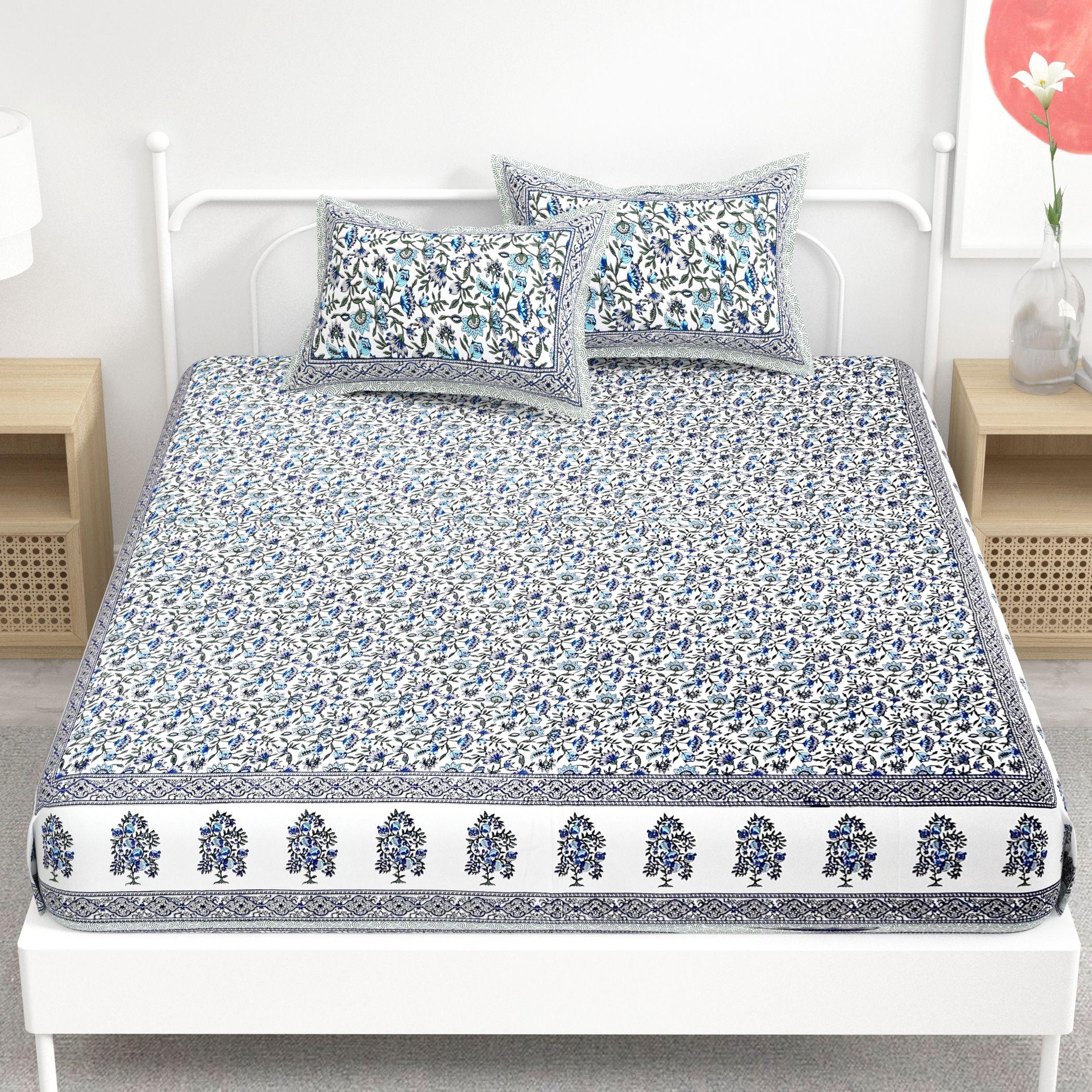 Blue Floral Printed Cotton 300TC Super King Bedsheet With 2 Zipper Pillow Covers - King Size by House of Ree - Distacart