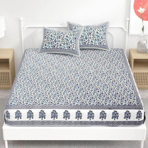 Blue Floral Printed Cotton 300TC Super King Bedsheet With 2 Zipper Pillow Covers - King Size by House of Ree - Distacart