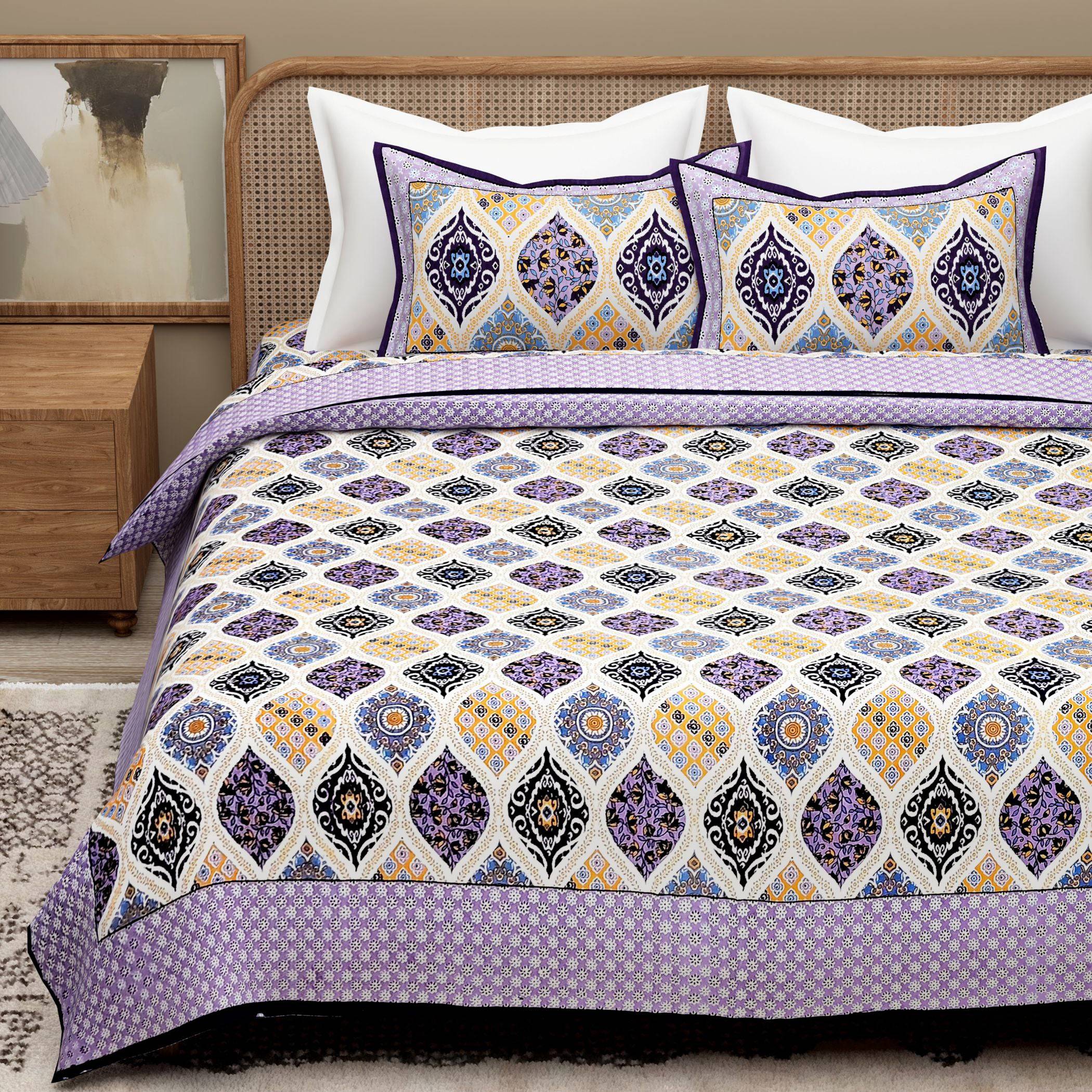 Purple White Ethnic Motifs Cotton 300 TC King Bedsheet With 2 Zipper Pillow Covers - Super King Size by House of Ree - Distacart
