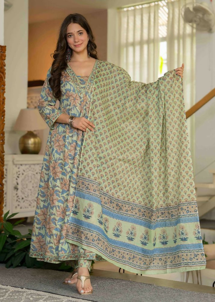 Jaimini Women Cotton Printed V-Neck 3/4 Sleeves Calf Length Flared Kurta Pant And Dupatta Set - Dista