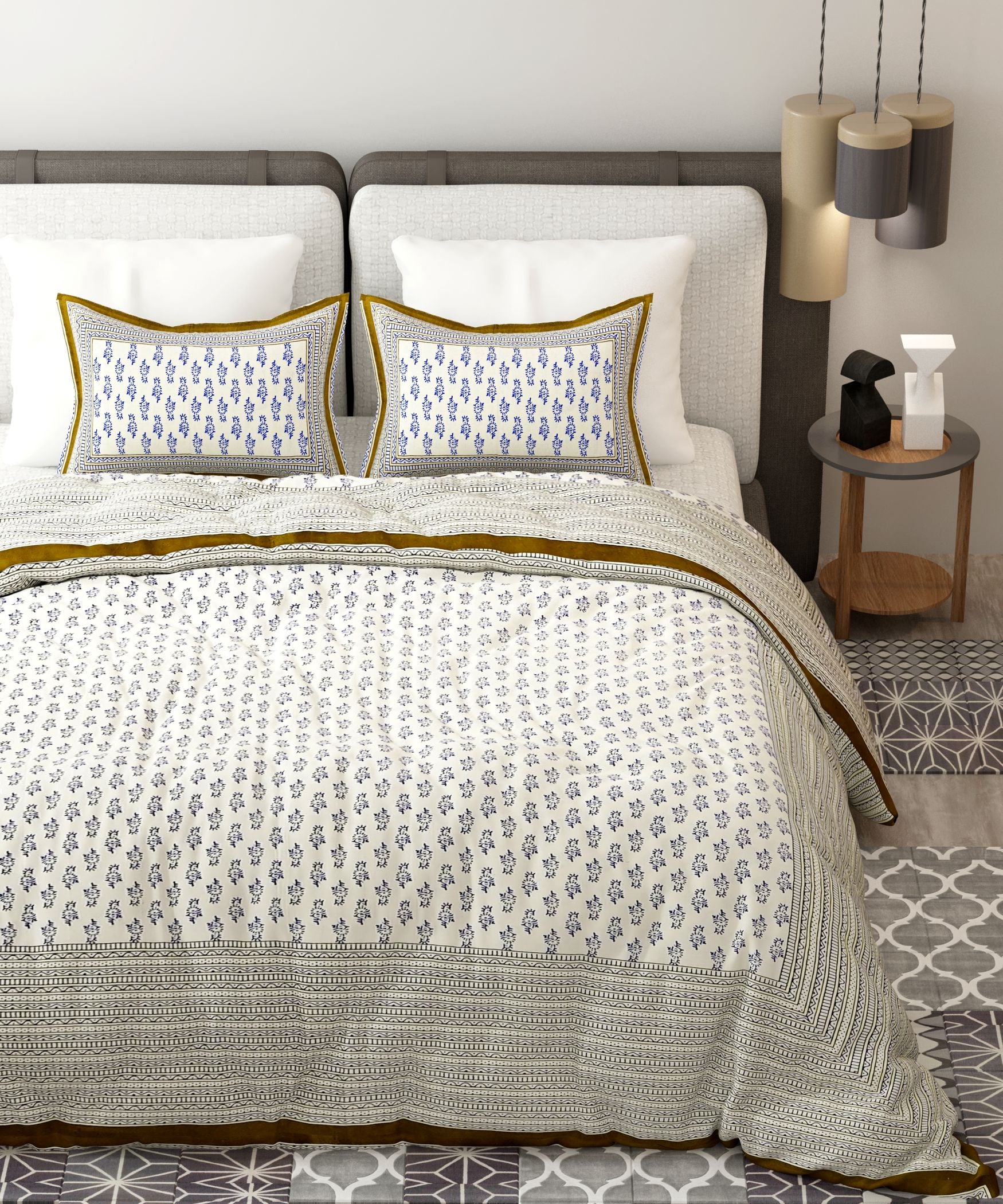 Blue Green Handblock Printed Cotton 200TC King Bedsheet With 2 Zipper Pillow Covers - King Size by House of Ree - Distacart