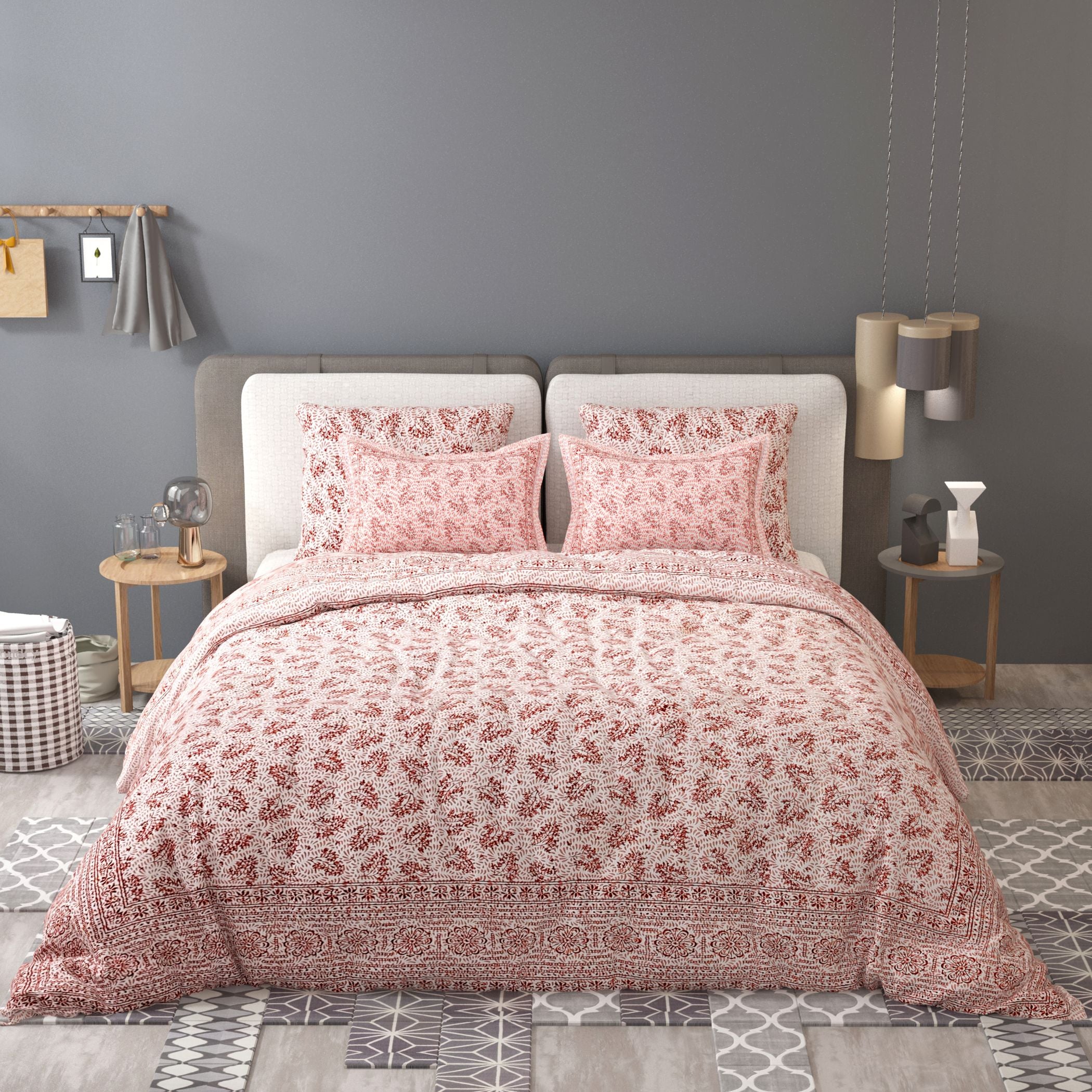 White Brown Ethnic Motifs Cotton 200TC King Bedsheet With 2 Zipper Pillow Covers - King Size by House of Ree - Distacart