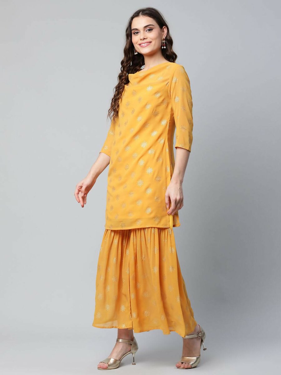 Ahalyaa Womens Mustard Georgette Gold Foil Printed Kurta Sharara Set With Dupatta - Distacart