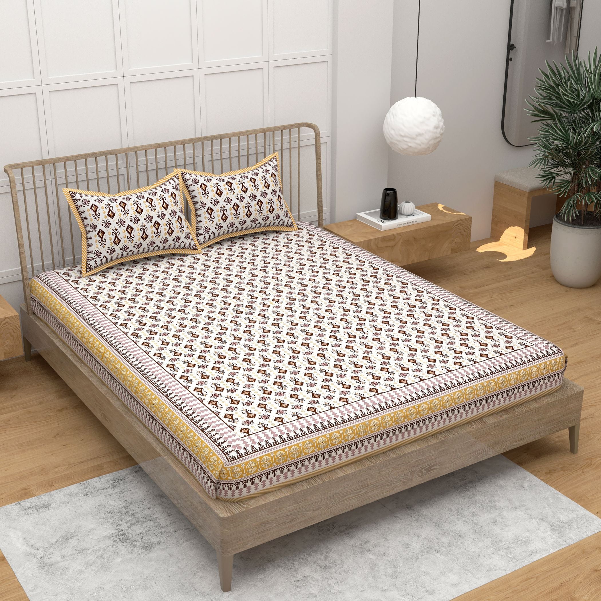 Off White Ethnic Motifs Cotton King Bedsheet With 2 Zipper Pillow Covers - King Size by House of Ree - Distacart