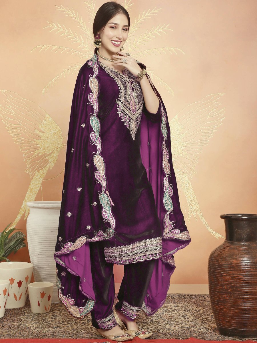 Aastha Fashion Women's Wine Velvet Cording with Resham Thread & Sequin Kurta with Trouser & Dupatta - Distacart