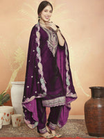 Thumbnail for Aastha Fashion Women's Wine Velvet Cording with Resham Thread & Sequin Kurta with Trouser & Dupatta - Distacart