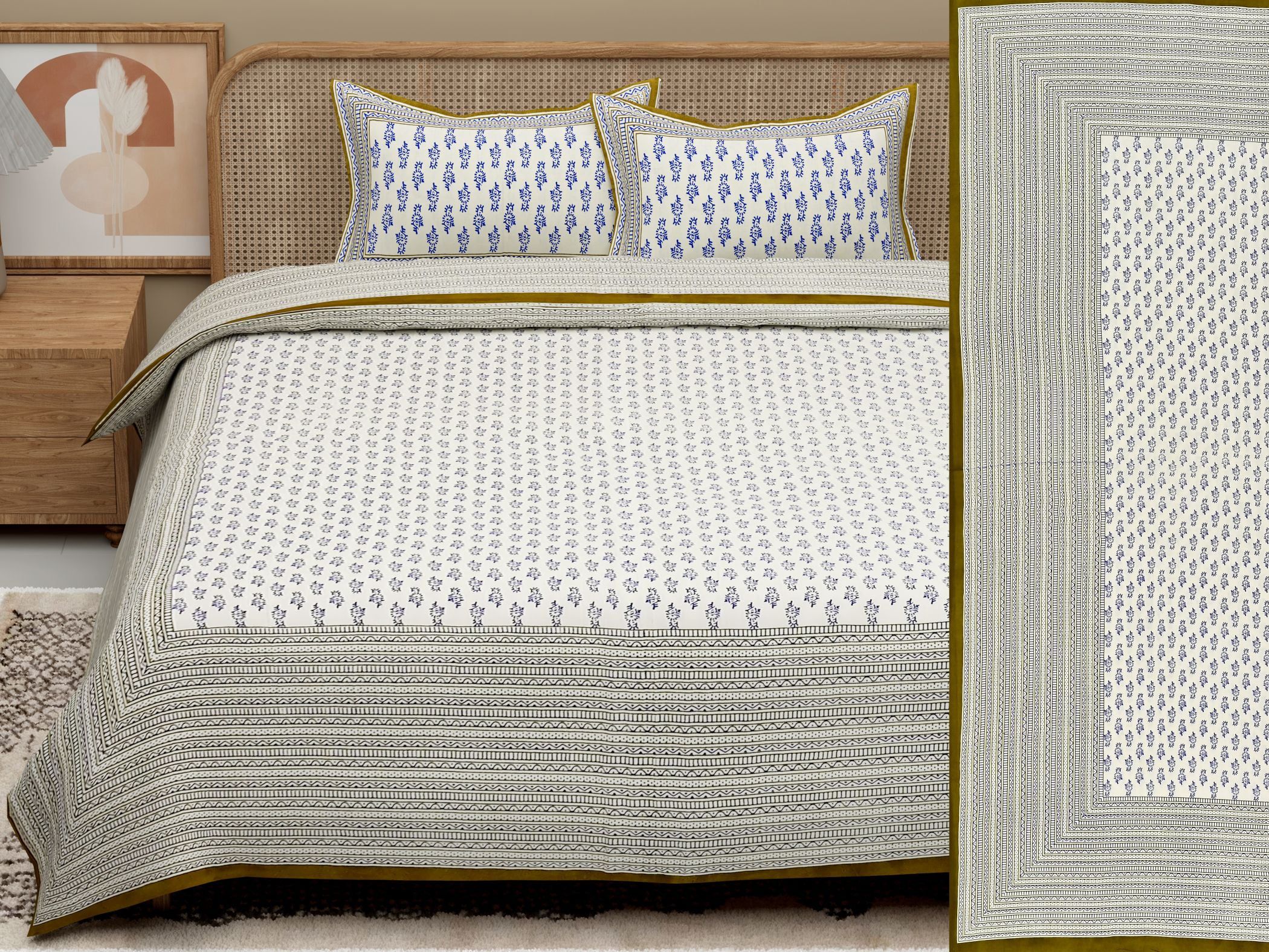 Blue Green Handblock Printed Cotton 200TC King Bedsheet With 2 Zipper Pillow Covers - King Size by House of Ree