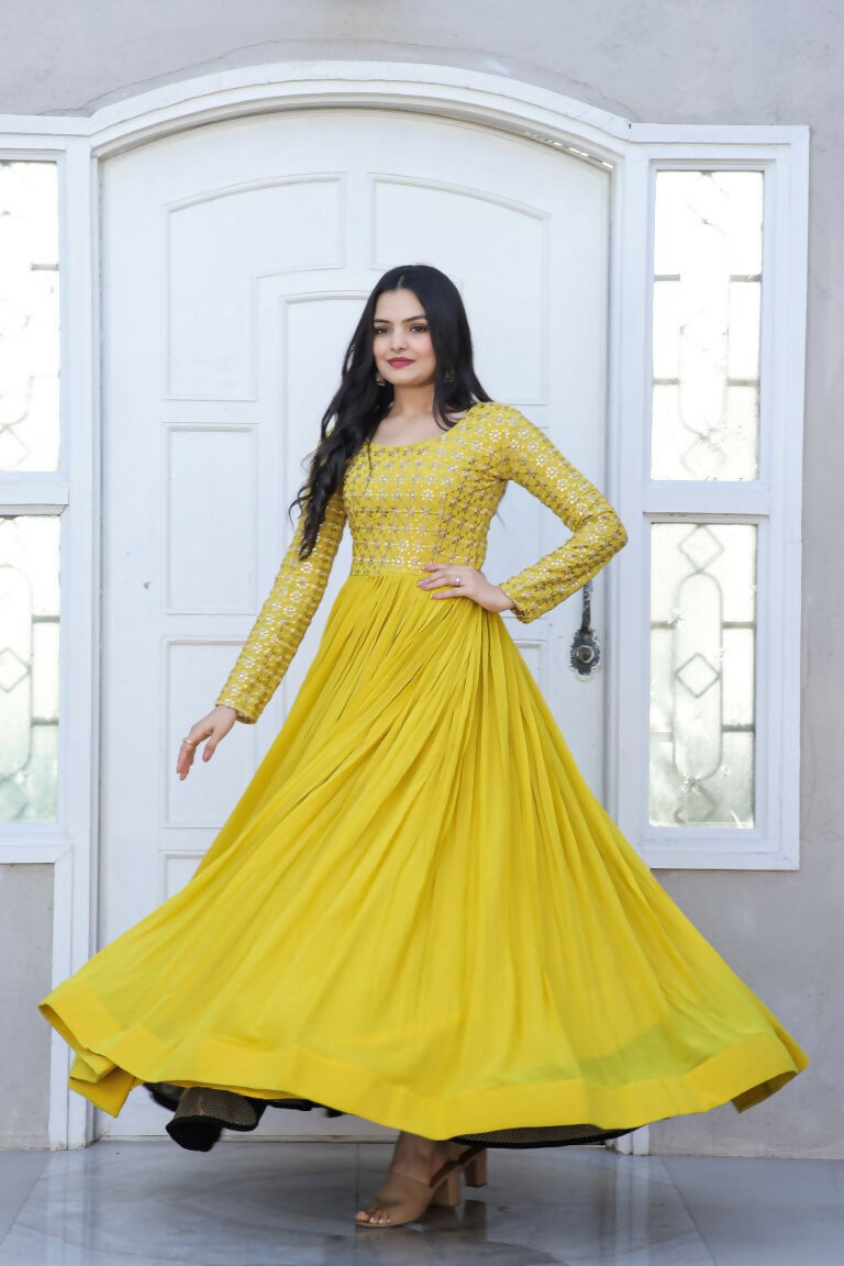 Jyoti Fashion Women's Yellow Sequence Zari Embroidered Faux Blooming Anarkali Dress - Distacart